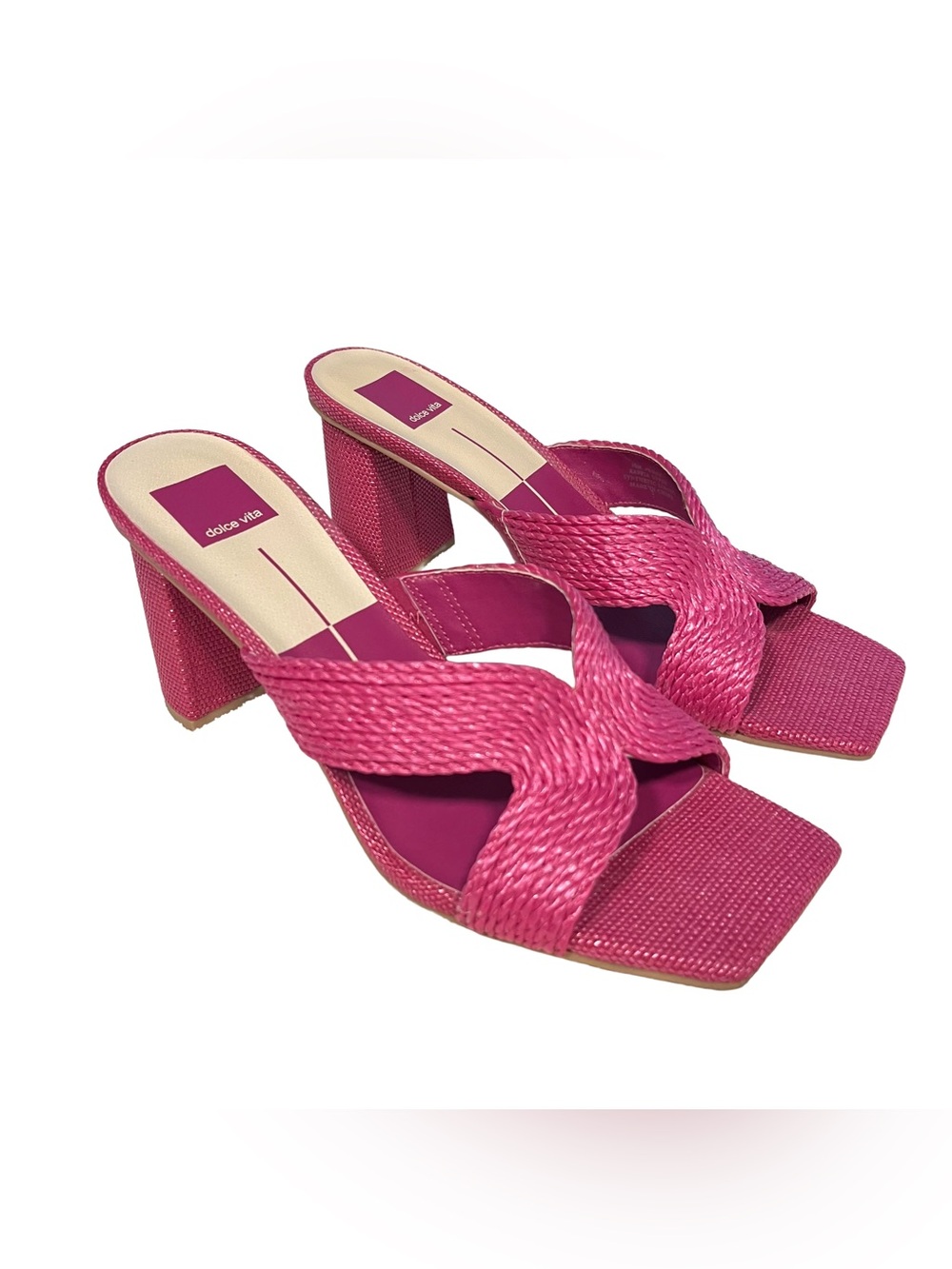 Dolce Vita Penny Sandal Pink Raffia Sz 10 Straw Slip On Block Heel Sandals EUC
